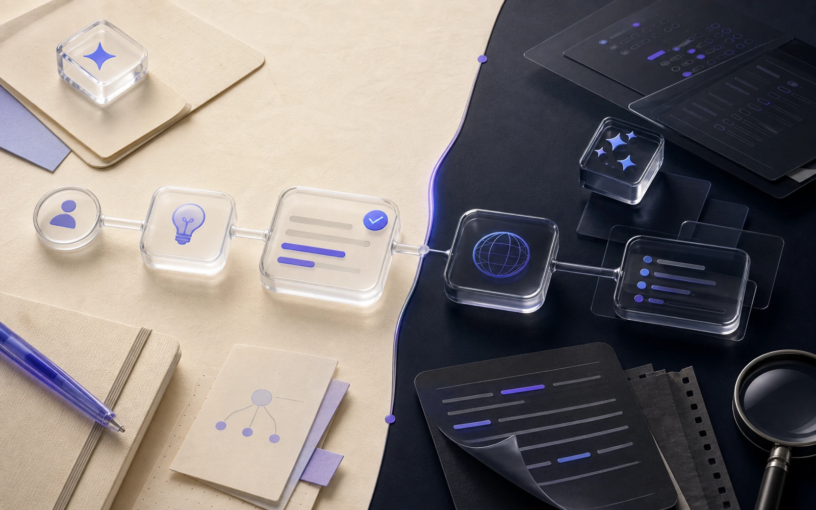 Editorial cover illustration for "AI Interview Tools in 2026: Help vs. Cheating" — liquid-glass workflow objects on cream paper and dark UI with indigo accents.